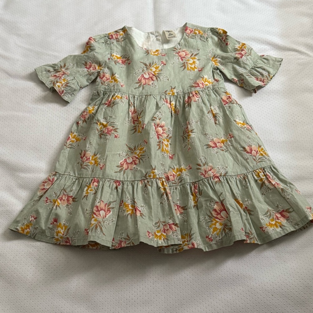 OshKosh B'gosh Green Floral Kids Dress Size 3T Short Sleeve Double Layer